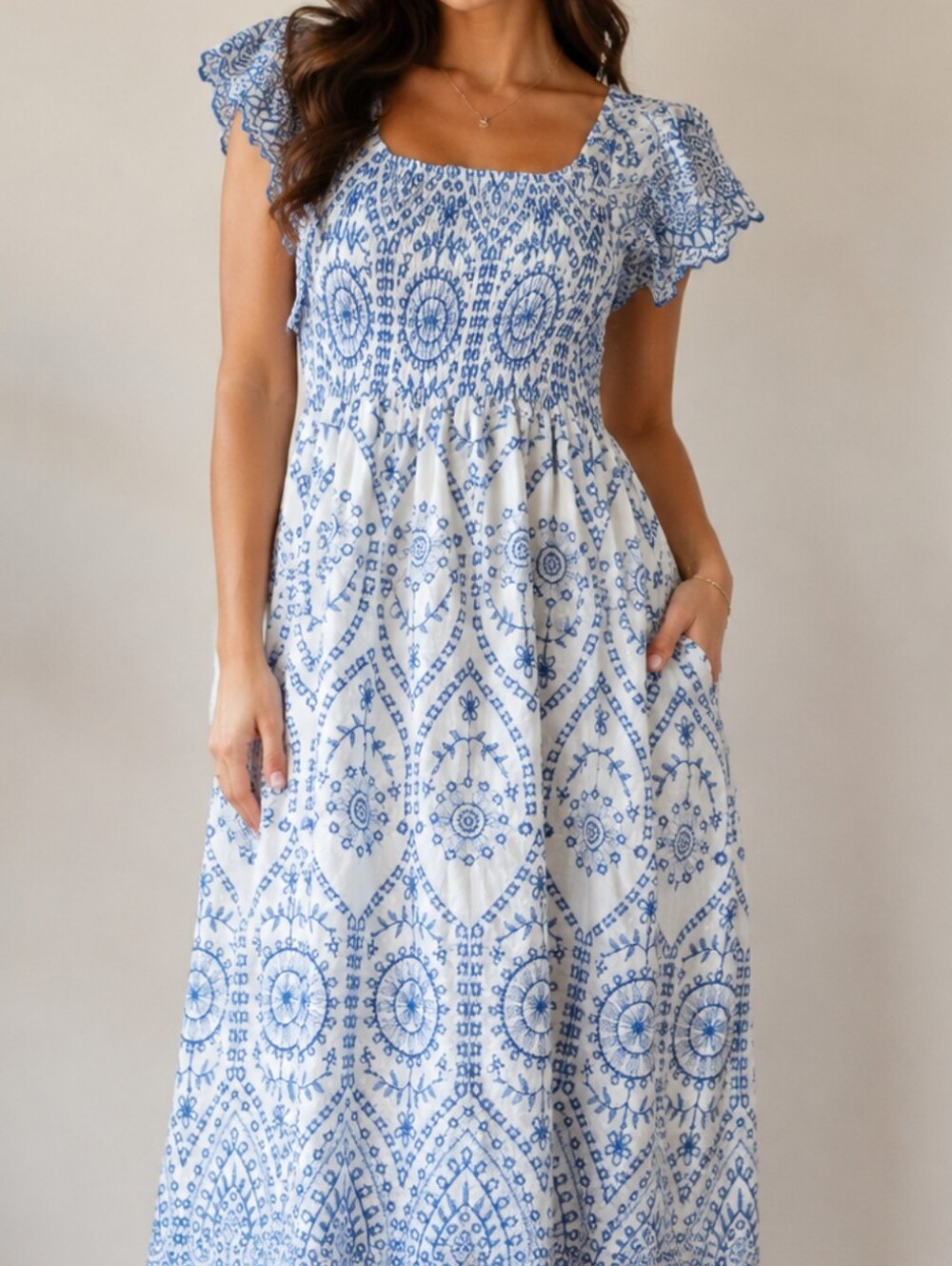 Embroidered White Scallop Blue Midi Dress Medium